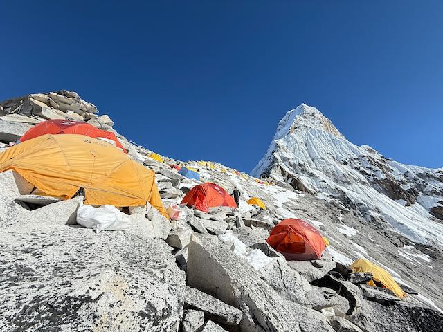 Tents scattered among the rocks at Camp 1 on Ama Dablam