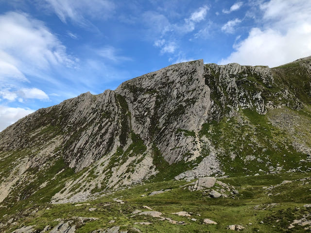 Overall view of the elegant thin line of the Cneifion Arete above Cam Idwal in Snowdonia