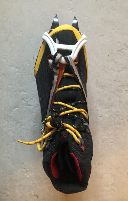 Comparing Microspikes and Crampons - Crampons seen from the top of the boot