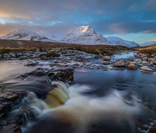 Creise and Meall a'Bhuiridh over the River Etive waterfall