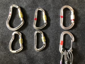 A selection of karabiners showing the different shapes available - HMS, Offset-D, and Oval