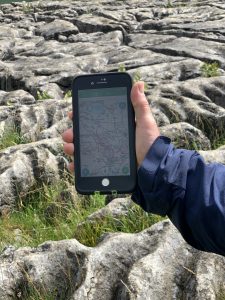 A view of the screen of a GPS device showing a location on the limestone pavement above Malham during a GPS navigation course in the Yorkshire Dales