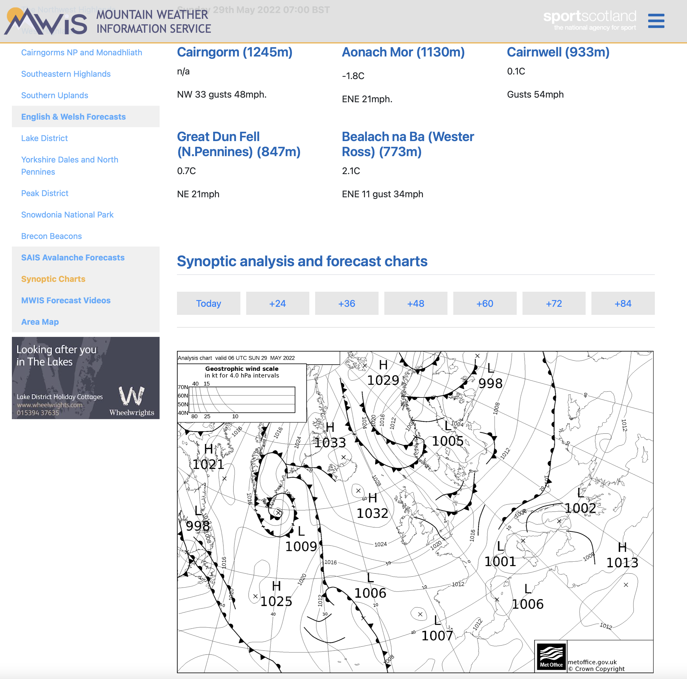 A screenshot of the MWIS website showing a typical synoptic chart of the UK