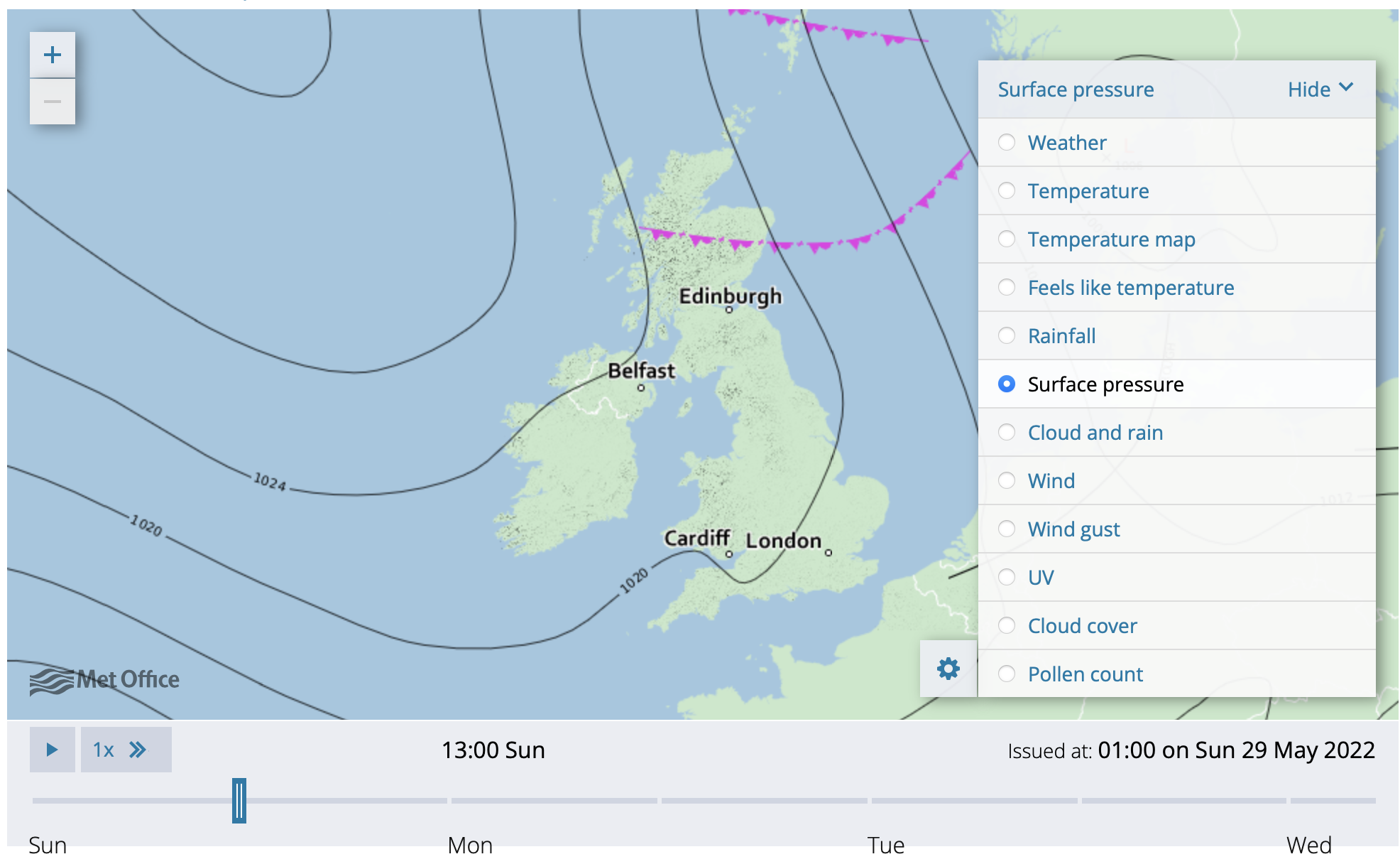 A screenshot of the Met Office website showing a typical synoptic chart of the UK