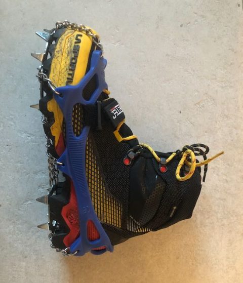Comparing Microspikes and Crampons - Microspikes seen from the side of the boot