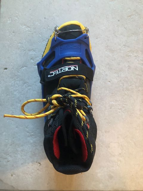 Comparing Microspikes and Crampons - Microspikes seen from the top of the boot