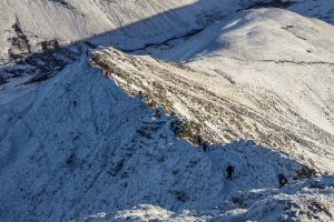 A busy day on Sharp Edge. Lots of climbers taking advantage of the conditions to practice their winter skills in the Lake District and make an ascent of this Grade 1 ridge on Blencathra.