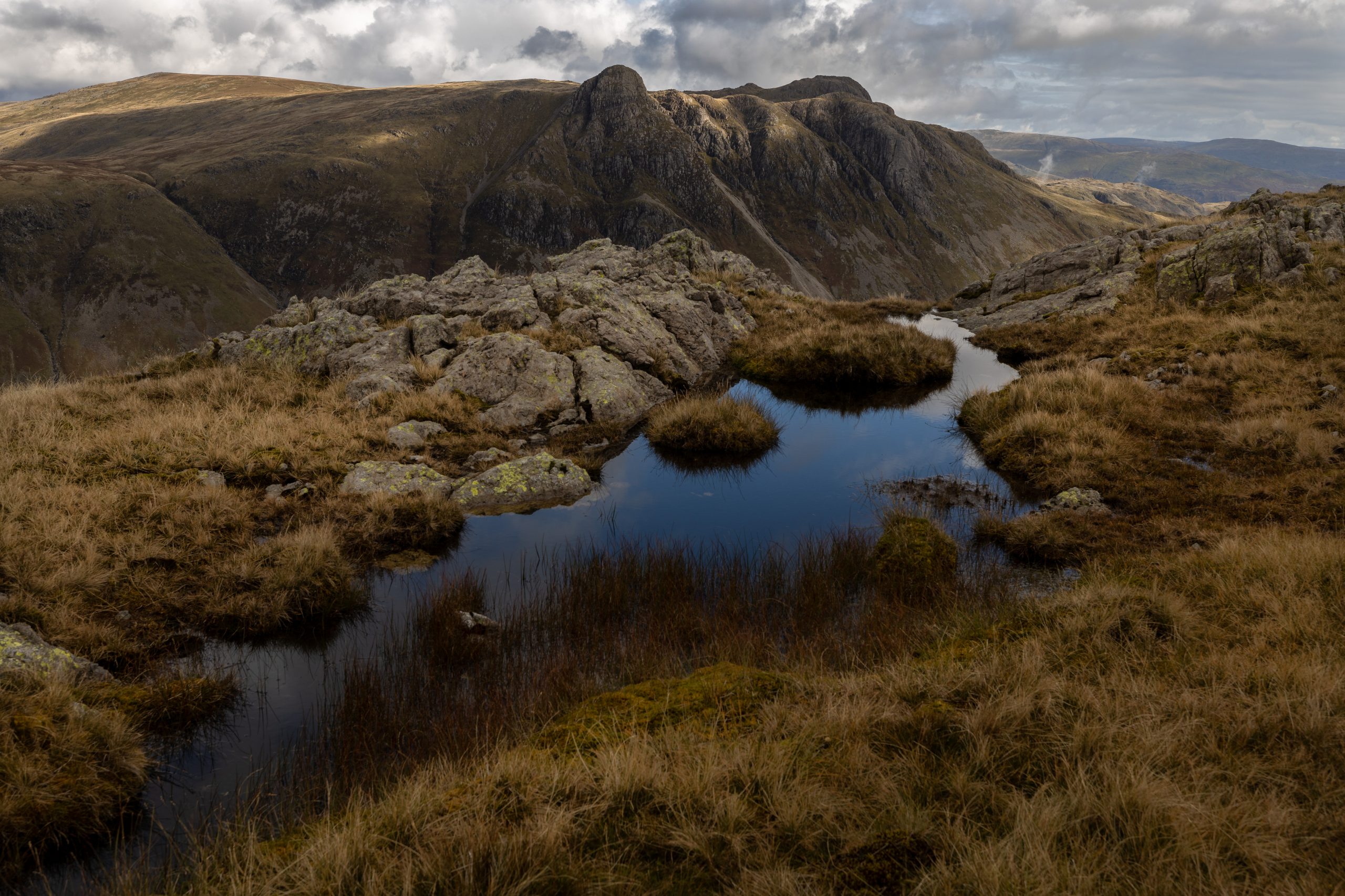 The Langdale Pikes seen from the Band, on Bowfell during a guided walk in the Lake District