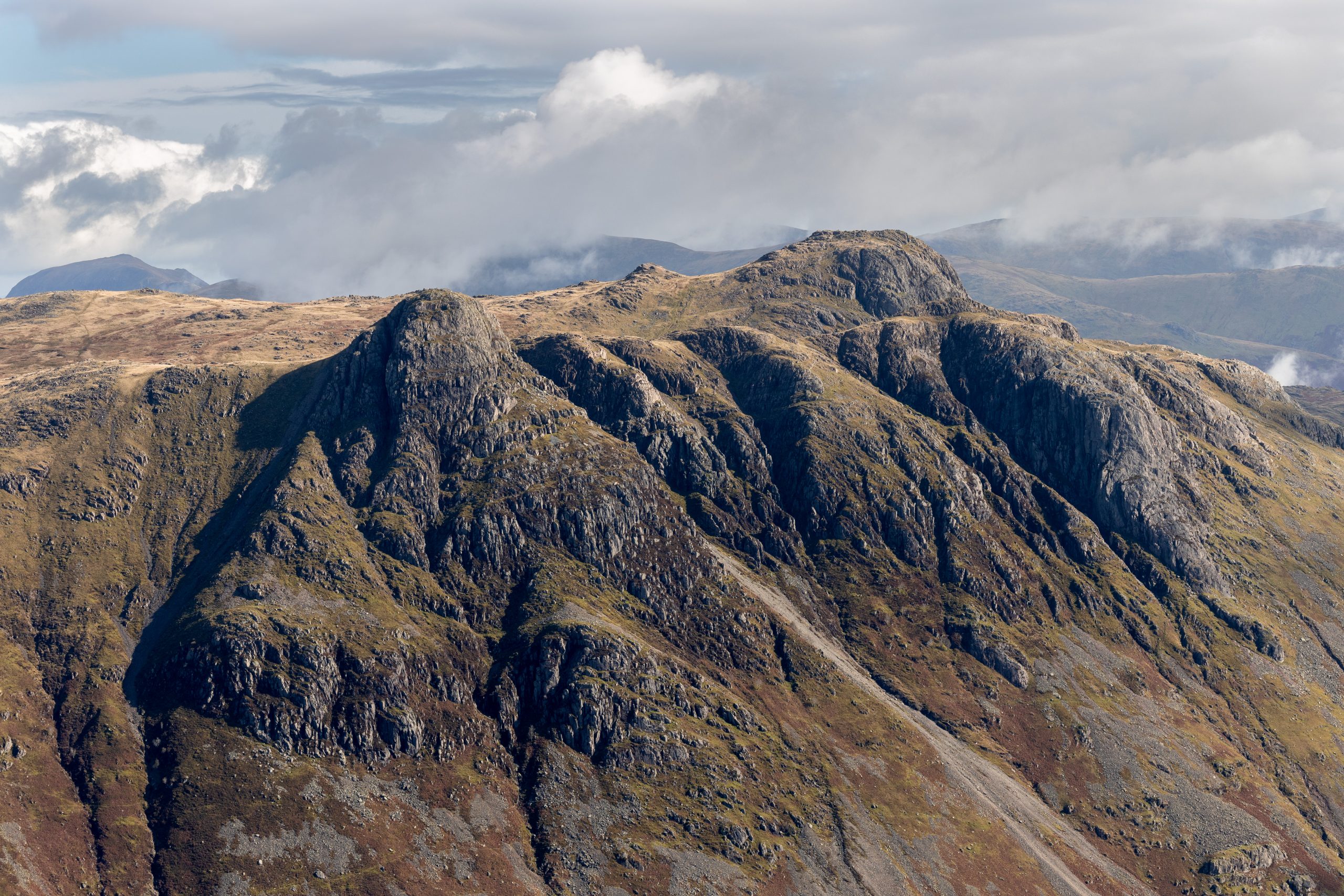 The Langdale Pikes seen from the Band, on Bowfell in the Lake District