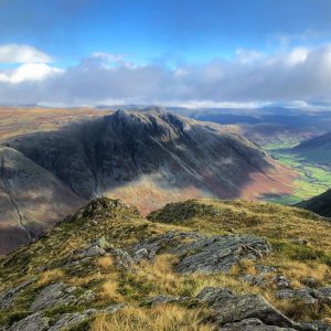 The Langdale Pikes seen from Bowfell on a guided mountain walk in the Lake District